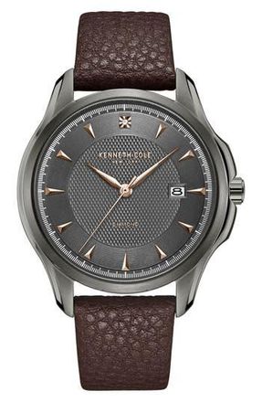 Kenneth Cole Diamond Dial Three Hand Quartz Leather Strap Watch, 42mm in Brown at Nordstrom Rack
