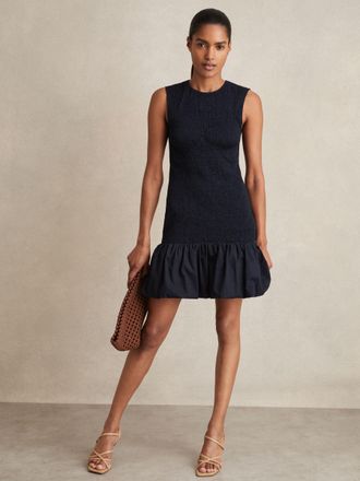 Reiss Womens Navy Blue Cotton Shirred Bubble-Hem Mini Dress, Size: 12