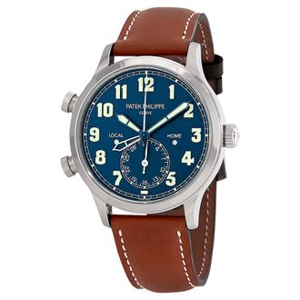 Patek Philippe Pre-owned Patek Philippe Calatrava Pilot Travel Time Blue Varnished Dial Mens Watch 5524G-001