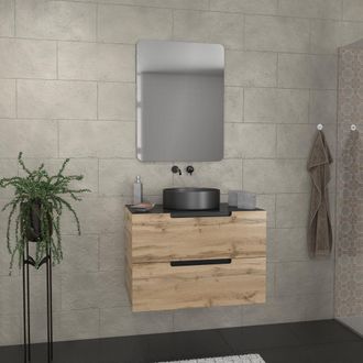 Aurlane Aurlane - Mueble De Ba&ntilde;o 80 Cm 2 Cajones - Roble Y Negro - Lavabo Redondo - Espejo 60x80 - Omega