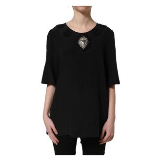 Dolce & Gabbana T-Shirts, female, Black, Size: M Floral-appliqu&eacute; Silk Blouse