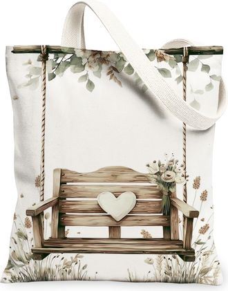 Generic Floral Canvas Tote Bags, Rustic Swing Heart Design Reusable Grocery Bags, Vintage Lightweight Washable Shoulder Strap, White, 13x15 Inch