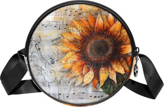 Generic Circle Crossbody Bag for Women, Musical Sunflower Small Sling Bag Daypack with Zipper Adjustable Shoulder Straps Casual Ladies Girls Round Purse