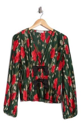Wayf Bow Plissé Top in Emerald Roses at Nordstrom Rack, Size X-Small