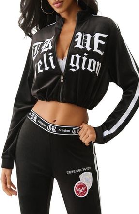 True Religion Crop Velour Track Jacket in Jet Black at Nordstrom, Size Xx-Large