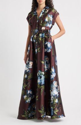 Julia Jordan Floral Print Belted Satin Gown in Brown Multi at Nordstrom, Size 16