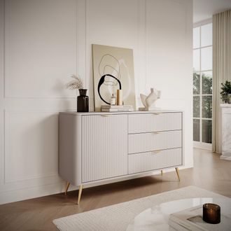Dmora Credenza Halilomo, Aparador 3 Cajones, Un Estante, Apertura Batiente, Deslizante, 138x38x81h Cm Beige