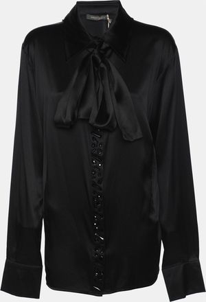 Marina Rinaldi Black Stretch Silk Crystal Embellished Long Sleeve Scarf Neck Shirt