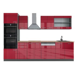 Vicco Mueble De Cocina R-line, Burdeos Brillo Intenso/antracita, 300 Cm Con Armario Alto, Et Roble