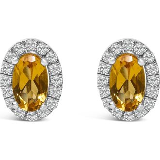 House of Brilliance 10K White Gold 5x3 MM Oval Cut Birthstone and Diamond Halo Stud Earrings in Yellow Citrine at Nordstrom