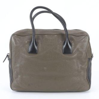 Prada Black Green Khaki Leather Briefcase Tote Bag (Pre-Owned)