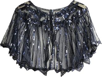 Generic Womens 1920s Great Gatsby Flapper Cape Shawl Retro Mesh Loose Cloak Shawl Dress Wrapped With Sequin Scarf for Women Evening Party Banquet