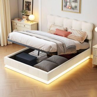 OEM Cama 140x190 - Terciopelo Beige - Almacenamiento Integrado - Iluminaci&oacute;n Led - Dise&ntilde;o Moderno Minimalista