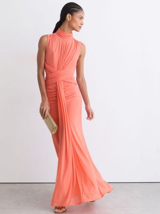 Reiss Orange Sheer Ruched Sleeveless Maxi Dress, 10