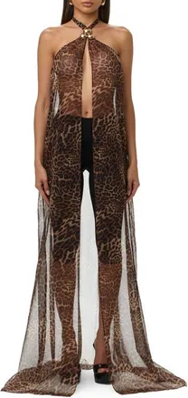 Naked Wardrobe Leopard Print Halter Chiffon Tunic Top in Spotted Leopard at Nordstrom, Size X-Large