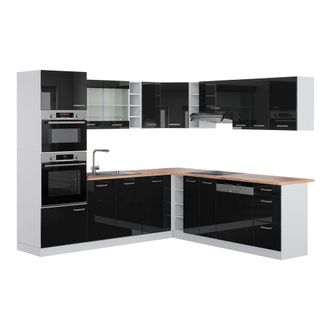 Vicco Cocina Esquinera R-line, Negro Brillo/blanco, 237 X 247 Cm, Et Roble