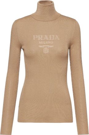 Prada logo-intarsia roll-neck jumper - women - Virgin Wool - 36 - Brown
