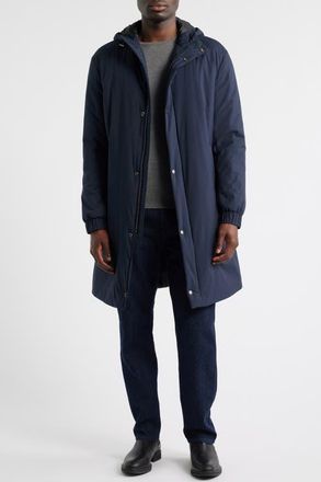 BOSS Jared Padded Water Repellent Longline Hooded Jacket in Dark Blue at Nordstrom, Size 38
