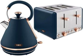 Tower Cavaletto Pyramid Kettle and 4 Slice Toaster Set Midnight Blue