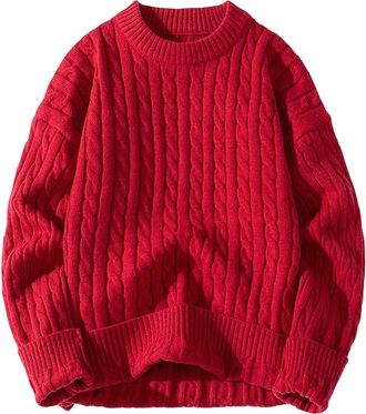 Generic Textured Twist Knit Sweater Mens Pullover Cable Crewneck Long Sleeve Modern Casual Jumper Red- 3X-Large