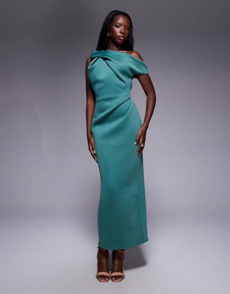 Asos Vestito midi monospalla in tessuto effetto scuba blu ottanio con scollo drappeggiato-Verde
