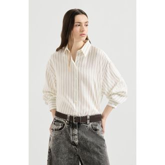 Brunello Cucinelli Striped silk poplin shirt with monili in Butter at Nordstrom, Size Xx-Large