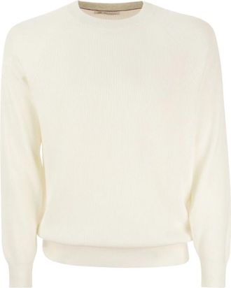 Brunello Cucinelli Katoenen Ribtrui met Raglanmouw - Heren - Ronde hals truien - Beige - L - Katoen - Truien & Vesten