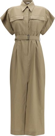 Brunello Cucinelli Womens Midi Dress Pocket-Belted Earth Brown Cotton