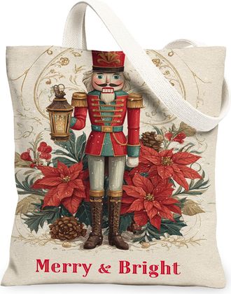 Generic Christmas Nutcracker Canvas Tote Bags, Holiday Floral Pattern Reusable Grocery Bags, Vintage Lightweight Washable Shoulder, Cream, 13x15 Inch