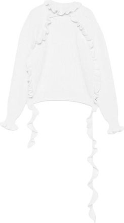 Blumarine Truien & Vesten, Dames, Wit, S, Wol, Sweater met rucheskraag van geribbelde gebreide stof
