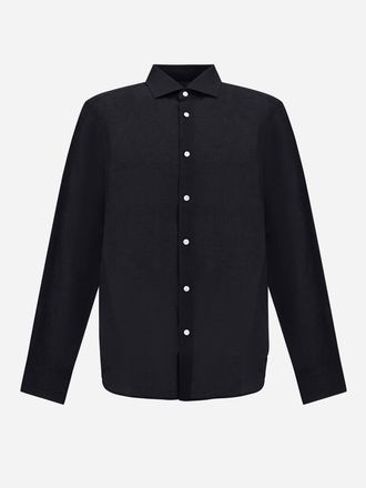 Herno Long-Sleeved Navy Blue Linen Shirt
