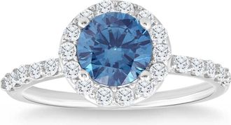 Pompeii3 2Ct TW Blue & White Diamond Halo Engagement Ring in 14k White Gold