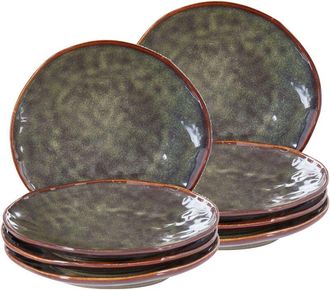Beliani Set di 8 piatti da dessert in gres caolino lavorato a mano con smalto reattivo Verde scuro Thyme