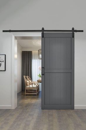 Living and Home 91cm W x 3.5cm D x 213cm H Farmhouse Style Wooden Barn Door with Slide Guide in Dark Grey | Size: 91 cm W x 3.5 cm D x 213 cm H
