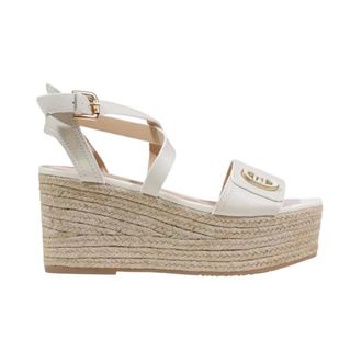 Liu Jo Wedges, female, White, Size: 11 US Platform Open Toe Leather Sandals with Buckle