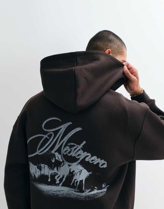 Asos Felpa marrone con cappuccio, zip e stampa di cavallo sul retro
