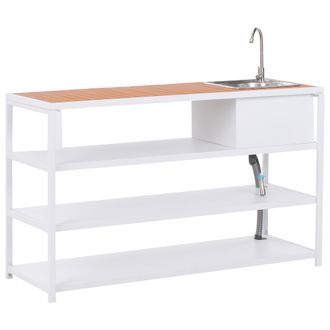 Beliani Isla De Cocina De Exterior Con Fregadero De Ca&ntilde;o Monomando Estantes Acero Encimera Marr&oacute;n 159 X 50 X 91 Cm Blanco Avetrana