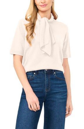 CeCe by Cynthia Steffe Tie Neck Short Sleeve Sweater in French Oatmeal at Nordstrom, Size X-Large