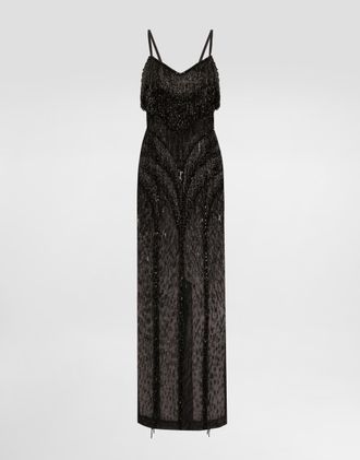 Dolce & Gabbana Long Marquisette Dress With Sequined Fringe Embellishment - Woman Dresses Black 38