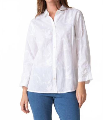 Habitat Floral Embroidered Ruched Sleeve Shirt In White