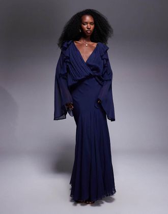 Asos Vestito lungo blu navy ampio con volant sui fianchi e godet