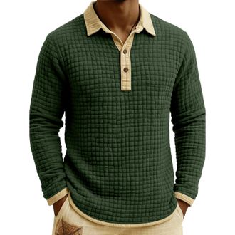 Generic Long Sleeve Polo Shirts Mens Plus Size Mens Waffle Knit Polo Shirt Breathable Design with 3-Button Collar Green XL