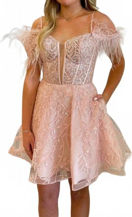 Sherri Hill Sheer Corset Top Feathered Sleeves Short Gown In Blush