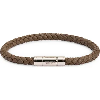 Tom Ford Mens Tubular Clasp Braided Leather Bracelet in Tbg Smoke Grey at Nordstrom, Size X-Large