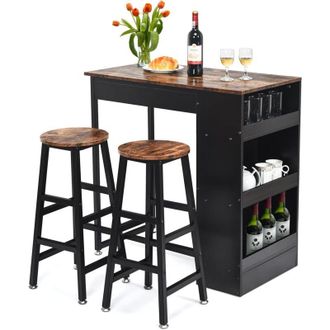 Costway Costway Juego De Mesa De Bar De 3 Piezas, Juego De Mesa Con 2 Taburetes De Bar, Mesa De Comedor De Madera Con Estante Lateral De 3 Niveles, Mesa De Ma