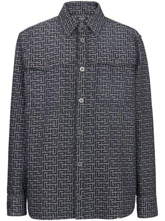 Balmain monogram-jacquard denim shirt - men - Polyester/Elastane - 50 - Black