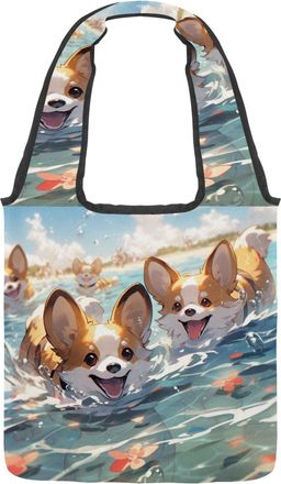 Generic Cute corgi Puppy Reversible Canvas Shoulder Tote - Double-Sided Print, 12oz Cotton, 27cm Drop, Fold-Flat Bag for Travel, Shopping, Street Outings