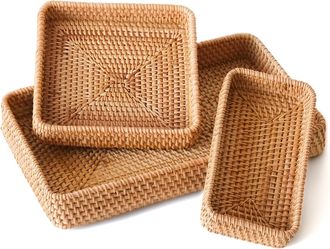 OEM Plateau En Rotin - Rectangulaire - Pour Cuisine Salle De Bain Salon - Lot De 3 - Petit 21x11x4 Cm Moyen 21x21x4 Cm Grand 37x23x5 Cm