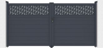 Vente-Unique Cancello a battente L355 x H181 cm Alluminio semi pieno con motivi Antracite - BAZIO