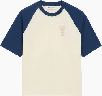 Ami Mens AMI Paris Knitted Heart Patch White And Blue T-Shirt - Size: 36